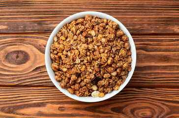 Homemade grain granola . Healthy energy eating . Top view