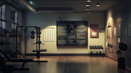 Fitness Center Wall: Featuring motivational quotes, exercise posters, and a board with fitness challenges