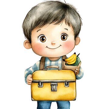 recommend clip art: Watercolor illustration of a cute boy holding a lunchbox and bananas.