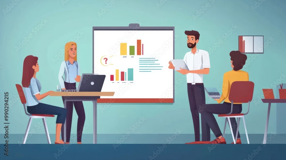 Poster flat design showing a business presentation on a whiteboard with a group of workers.