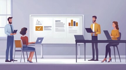 Flat design showing a business presentation on a whiteboard with a group of workers.