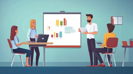 Flat design showing a business presentation on a whiteboard with a group of workers.