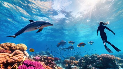 Fototapeta premium Enchanting Underwater Scene with Dolphin and Swimmer