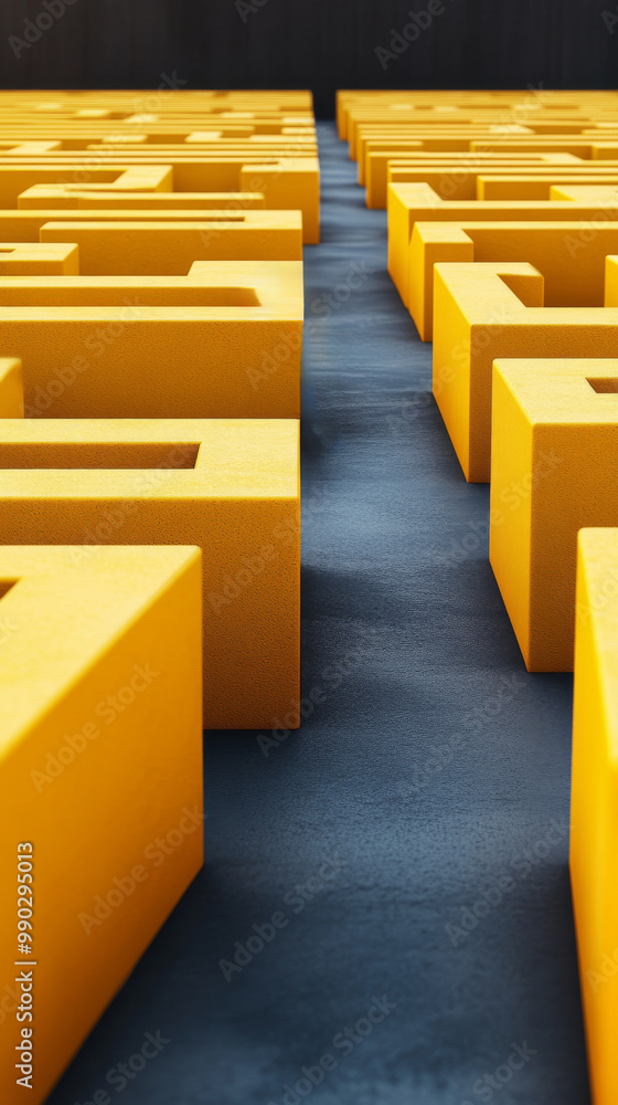 Poster Vibrant yellow block letters create a visually striking pattern across a textured surface, enhancing the artistic environment with depth and color