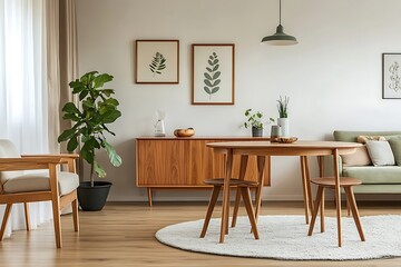 Living Room with Wooden Furniture and White Rug