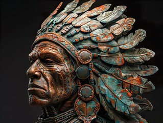 Bronze Native American Chief Sculpture with Detailed Headdress