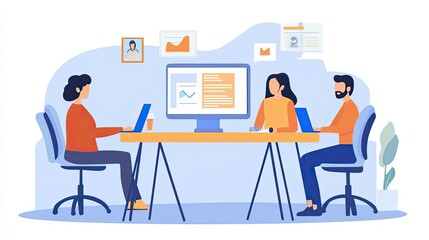 Three People Collaborating on a Project in an Office Setting