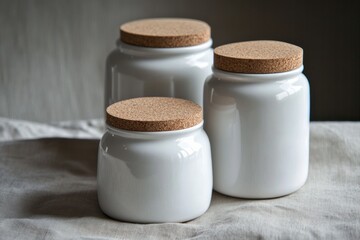 Stylish ceramic containers with wooden lids, ideal for organizing small items in a chic and modern space.