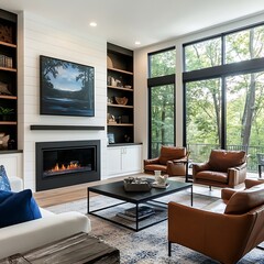 Minimalist Living Room With Fireplace Artwork  Greenery  and Wood Floors
