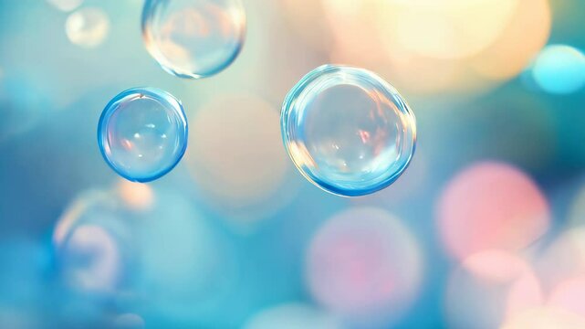 Transparent bubbles floating in the air on a light blue gradient background, minimalistic style. Concept of purity and lightness