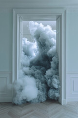 Thick clouds of grayish-blue smoke billow into a minimalist space through an open door, creating an ethereal atmosphere in the serene environment