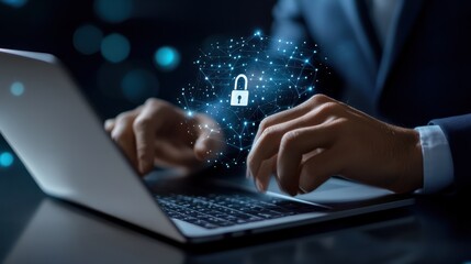 hands of a businessman use a laptop with a virtual padlock icons, cyber and data security concept