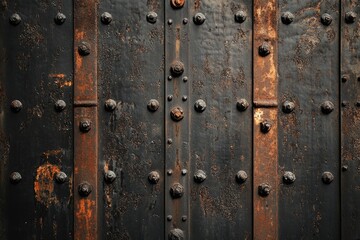 Fototapeta premium Rusty metal texture with rivets. This image is perfect for a variety of designs, especially those with a grunge, industrial, or steampunk aesthetic.