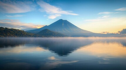 Volcanic mountain in morning light reflected in the calm waters of the lake which is very stunning