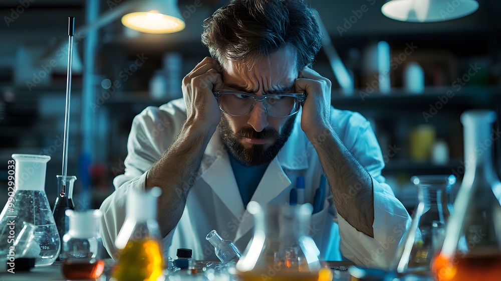 Poster a frustrated scientist in a lab with flasks and equipment