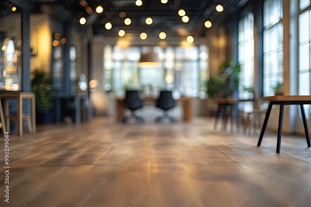 Poster blurry background with wooden floor. this image can be used for website backgrounds or product place