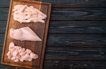 Fototapeta premium Raw chicken meat fillet ( breast ) Various of cutting in form slice and cube