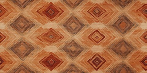 A vibrant geometric pattern featuring diamond shapes in warm hues of orange, red, and brown, creating an inviting textile design.