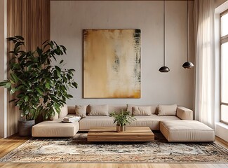 Sectional Sofa  Living Room with Abstract Art and Pendant Lights