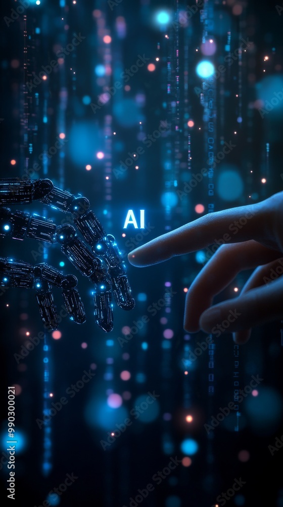 Poster a human hand reaches out to connect with a robotic hand amidst a backdrop of glowing binary code, il