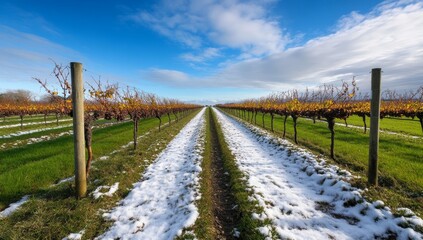 Fototapeta premium Snow-Covered Vineyard in New Zealand