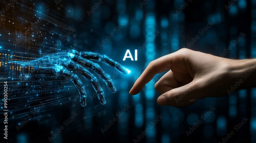 Poster a human hand extends toward a digital, translucent robotic hand, symbolizing the connection between 