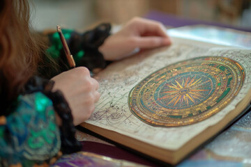 The astrologer carefully studies astrological charts and consults ancient books in a warm, inviting study, surrounded by shelves lined with texts on celestial navigation and astrology.