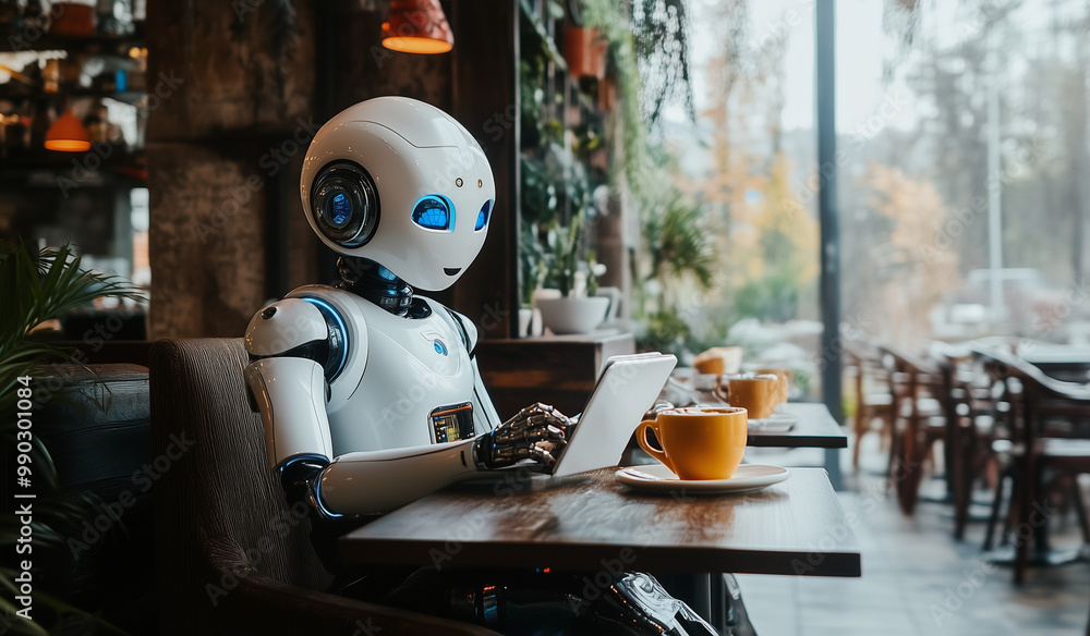 Poster a humanoid robot with a tablet in a cozy cafe. artificial intelligence in a cafe