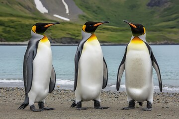 Fototapeta premium Group of penguins standing on a beach. The penguins are in a line, with the first penguin on the left and the last one on the right. King penguins (Aptenodytes patagonicus) on the beach