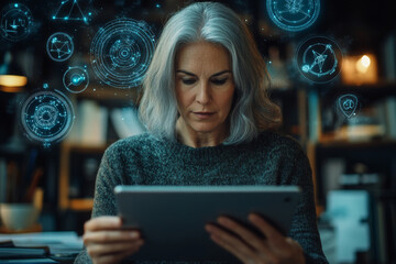 An astrologer with gray hair intently examines celestial charts on a tablet, immersed in her work amid futuristic digital projections and astrological diagrams.