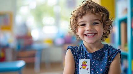A child happily displaying their vaccination sticker in a pediatric clinic full of toys and bright colors, feeling brave after their shot