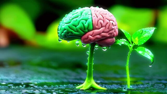 A human brain shaped plant with raindrops, growing in a green meadow.