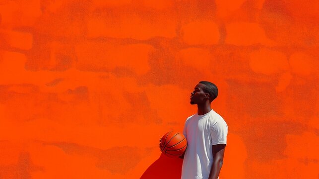 Basketball player is holding a basketball and running. Man wearing jersey and playing basketball in front of orange wall dynamic style, in the style of a sports magazine cover,