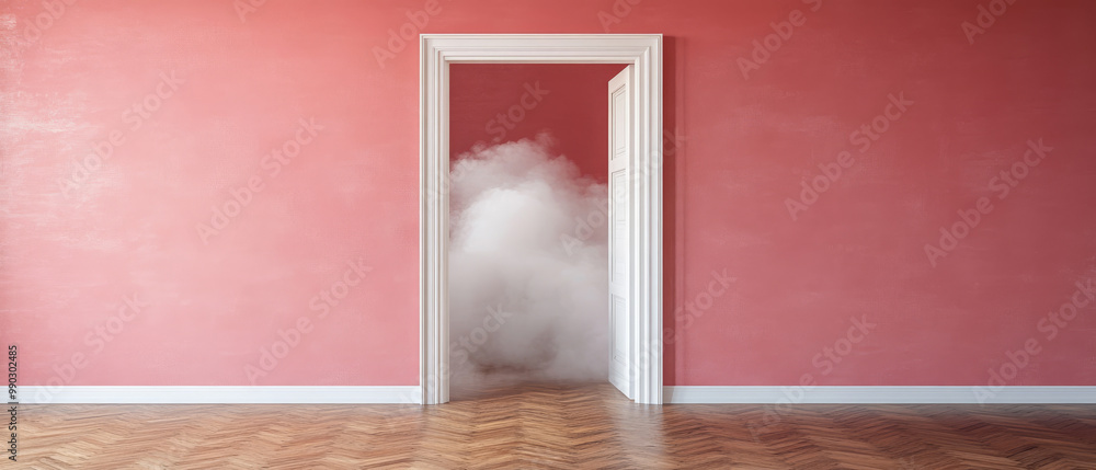 Poster the pink-walled room features an open doorway through which a soft cloud of fog billows, adding an e