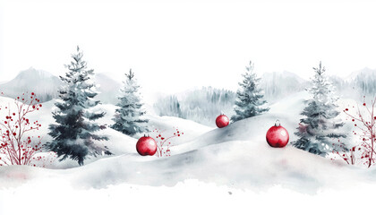 A serene winter landscape featuring snow-covered hills, evergreen trees, and red ornaments, evoking a festive holiday atmosphere.