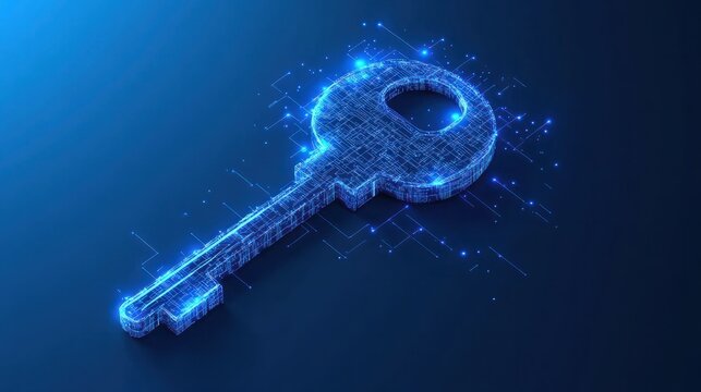 key on blue background, safety and data protection in the online and cyber concept, digital asset and blockchain technology security