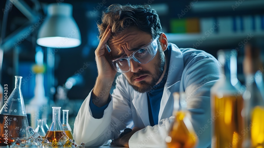 Poster exhausted scientist leans on lab table with flasks