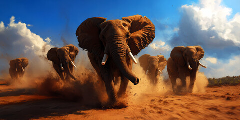 A stunning display of strength and beauty, this image captures a herd of elephants charging across the dusty savanna, showcasing their majestic presence and vibrant energy in nature.