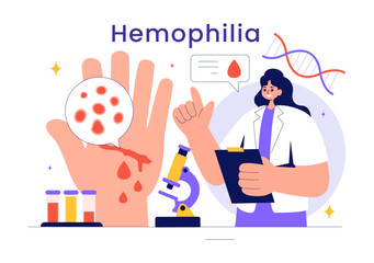 Hemophilia Vector Illustration Featuring a Doctor Examining an Injured Knee or Joint and Blood Disorders in a Healthcare Flat Style Cartoon Background