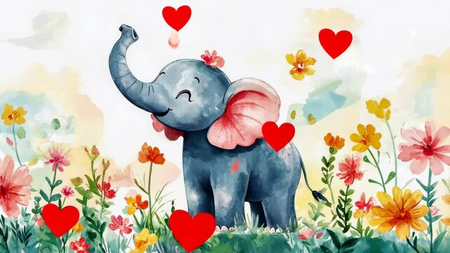 A happy elephant stands in a field of colorful flowers, surrounded by red hearts