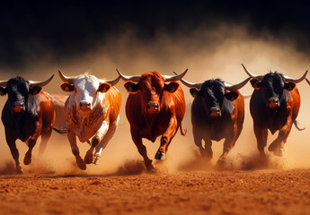 A captivating scene of five vibrant cows sprinting across a dusty landscape, kicking up clouds of...