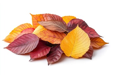Fototapeta premium Isolated autumn-colored leaf pile on a white backdrop. Generative Ai