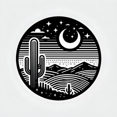 Fototapeta premium Monochrome Desert Badge with Cactus, Crescent Moon, and Starry Night Sky