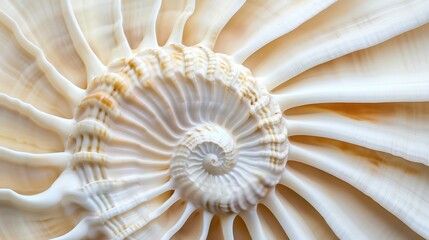 Nautilus shell in an abstract setting, with a closeup on its detailed spiral. The shell's patterns are a beautiful display of nature.