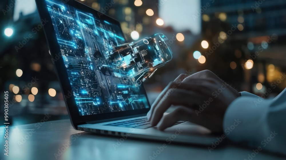 Poster man using laptop for searching of technology smart open ai or artificial intelligence using an artif