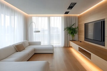 White Living Room with Wall Mounted TV  and Large Arch Window