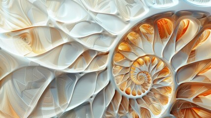 Obraz premium Abstract wallpaper featuring a nautilus shell, with a focus on its fibonacci sequence. The shell's natural beauty is a perfect addition to this art.