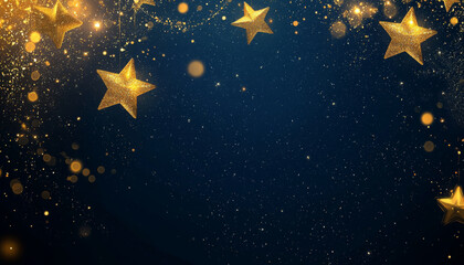Fototapeta premium A festive background featuring golden stars and shimmering lights against a dark blue backdrop, perfect for celebrations or events.