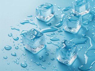 Ice cubes with water drops on blue background. Shallow DOF