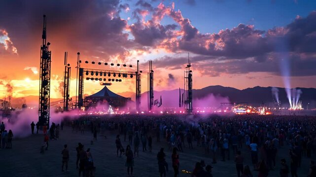 A large crowd gathers at a music festival as the sun sets over the mountains